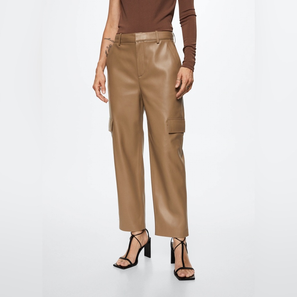 Mango | Beige Leather Effect Trousers